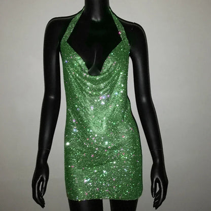 Robe de soirée sexy pour femme Bling Diamante, en cristal et strass, dos nu, pour festival, cocktail, soirée, rave.