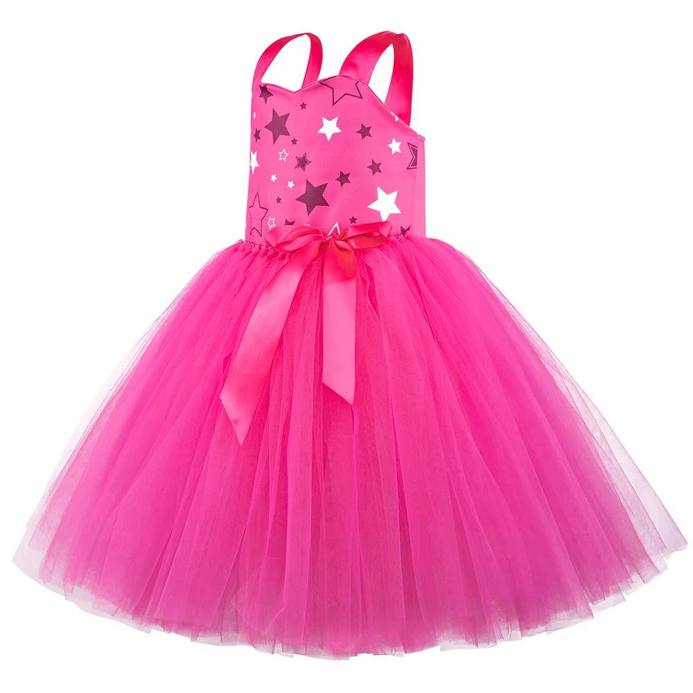 Movie Cowgirl Barbi Costume for Girls Princess Dress Hot Pink Plaid Margot Robbie Tutu Dress Kids Birthday Party Tulle Dresses