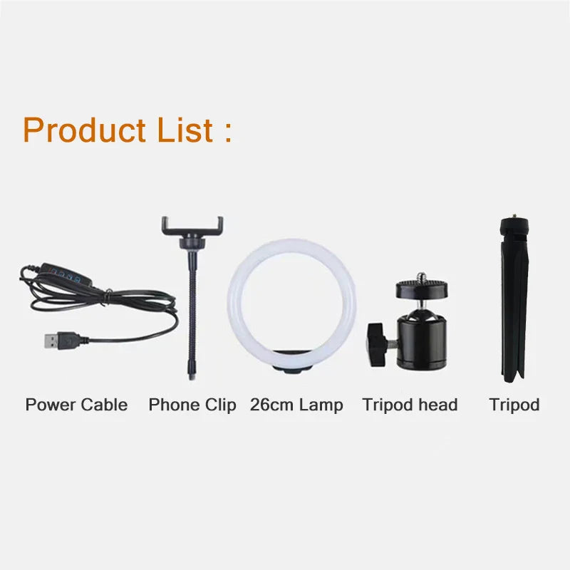 26cm (10") LED Selfie Ring Light, Photography Lighting Kit, USB Charging Lamp with Tripod for Live Video, 120 Beads