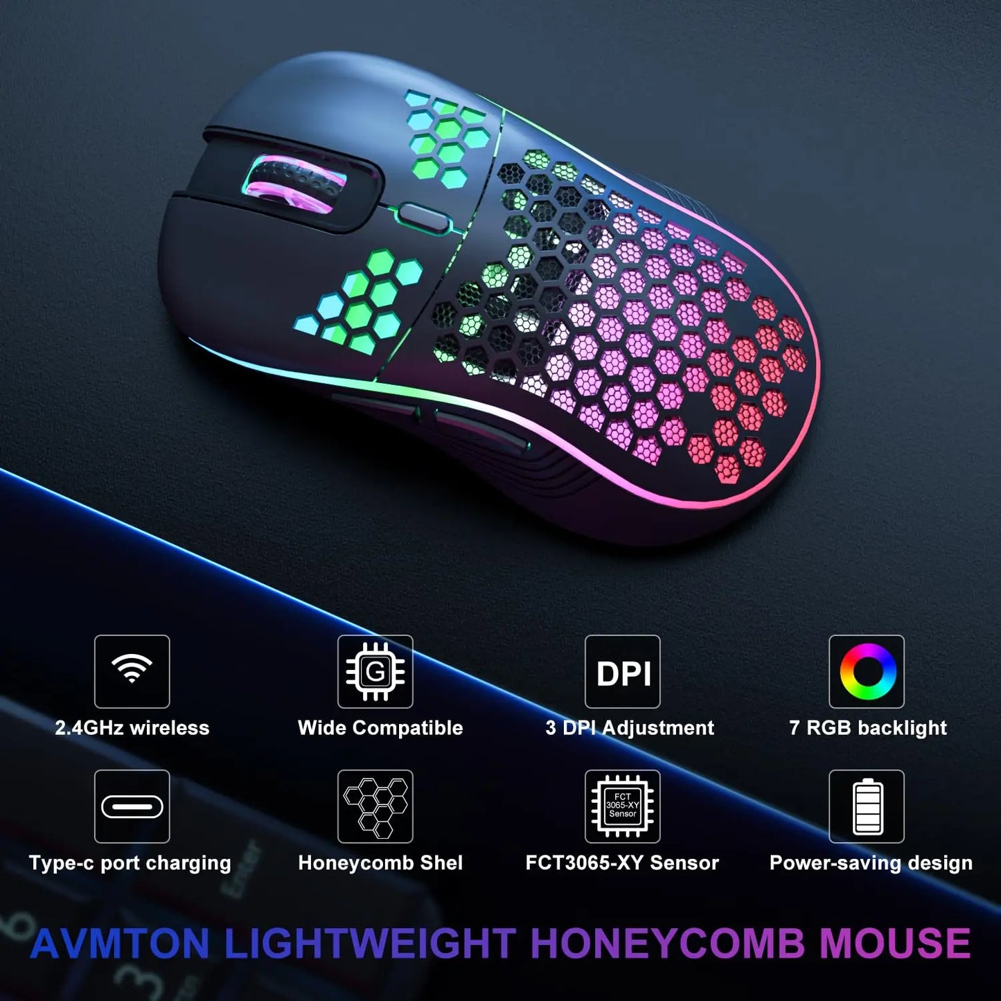 2.4G Wireless Mouse with RGB Backlit 6-button 3-speed DPI Type C Rechargeable Ergonomic Honeycomb Design Gaming Mouse