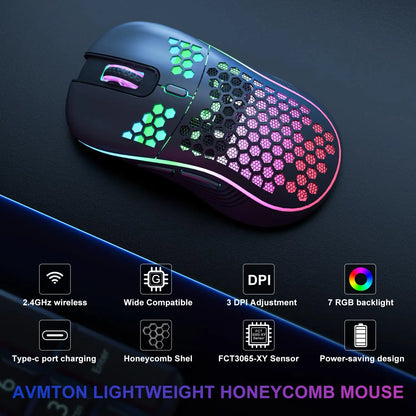2.4G Wireless Mouse with RGB Backlit 6-button 3-speed DPI Type C Rechargeable Ergonomic Honeycomb Design Gaming Mouse