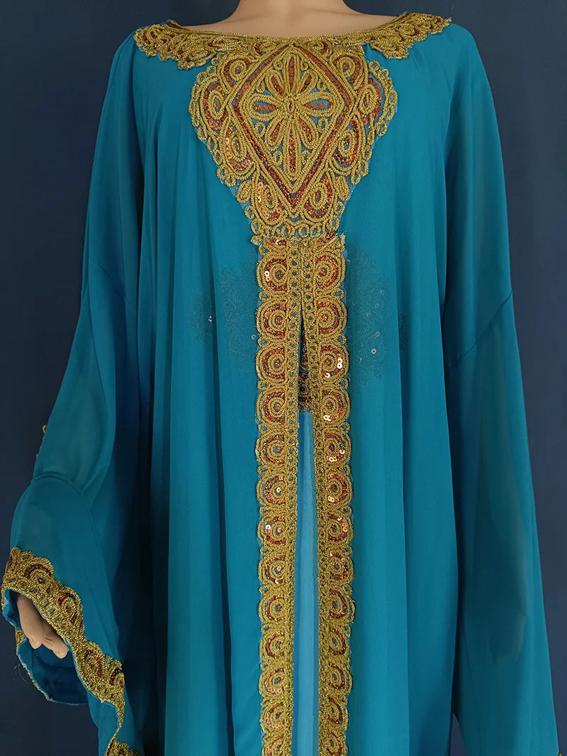 Abaya-Robes de soirée pour femmes, caftan musulman, manches évasées, robe brodée en dentelle dorée, trempée Jalabiya, Ramadan, ensemble de 2 pièces