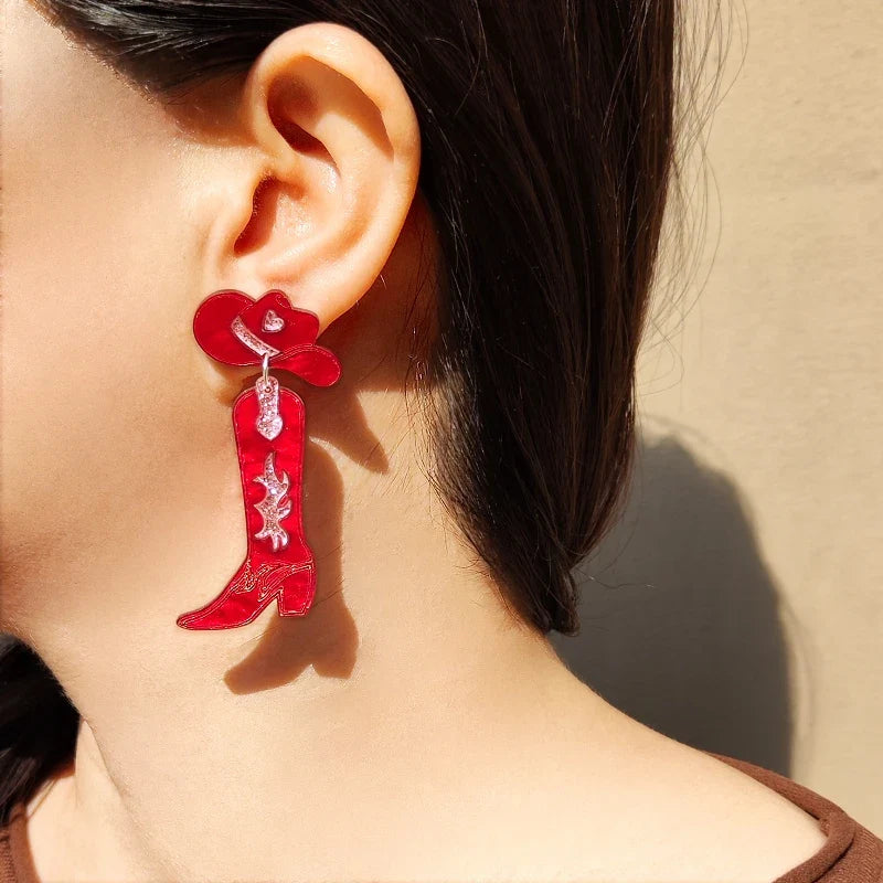 KUGUYS nouveau Cowgirl boucles d'oreilles pour femmes bijoux de mode mignon Cool Cowboy chapeau bottes boucles d'oreilles à la mode acrylique accessoire cadeau