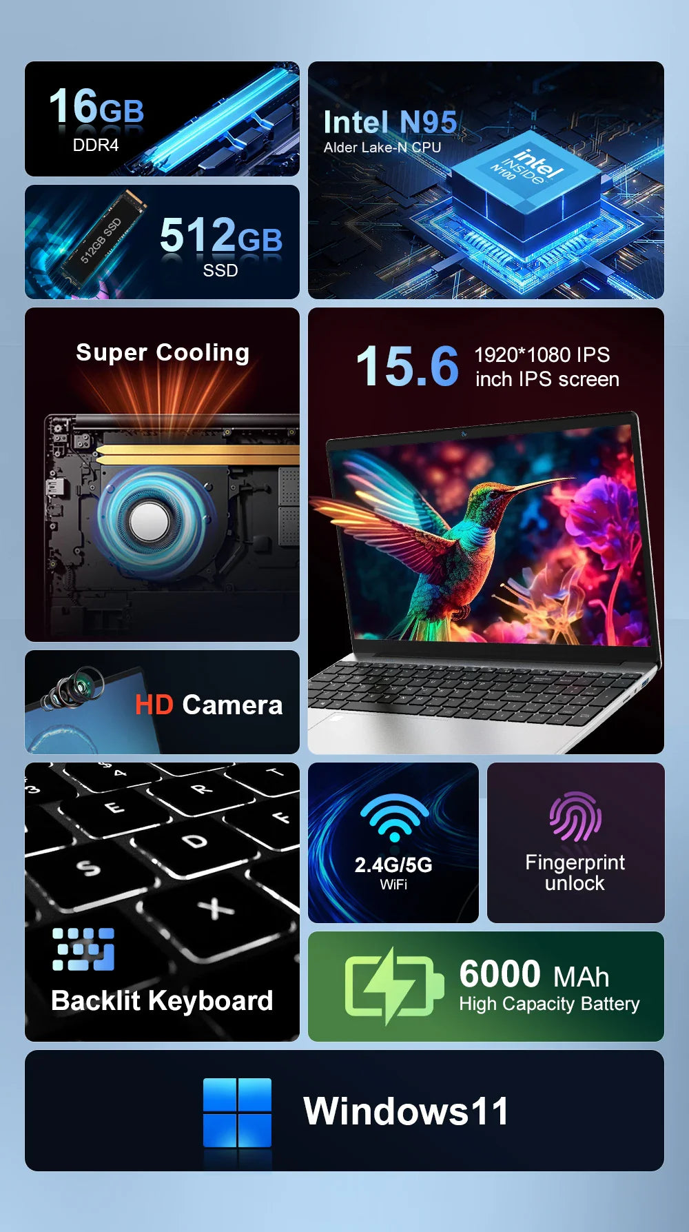 Ninkear N15 Air Laptop 15,6" IPS 1080P IPS Intel N95 3.4Ghz 12GB RAM 512GB SSD General Use Productivity Windows 11 pro Notebook