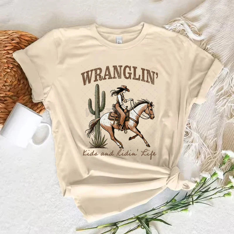 T-shirts Cowgirl Femme Été Manches Courtes T-shirt Drôle Fête des Mères Vêtements Rétro Harajuku Cowgirl Mode Tops Décontractés