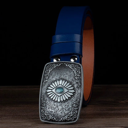 Ceinture classique en cuir véritable avec boucle émail saphir et motif floral sculpté en argent pour femmes et hommes, cadeau