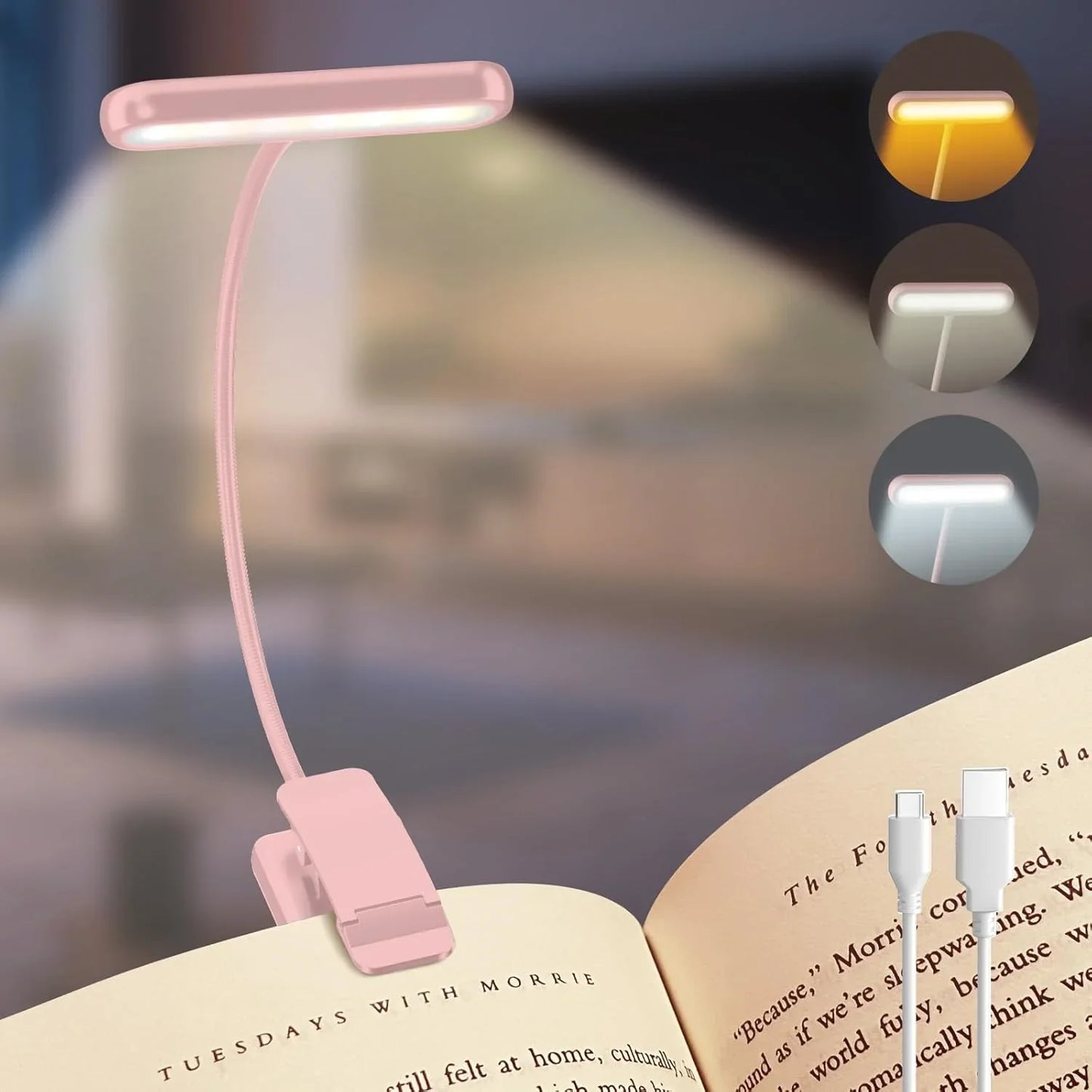 Lampe de lecture portable aste par USB, lumière du jour blanche chaude et froide, lampe de nuit flexible à clip facile, 14LED