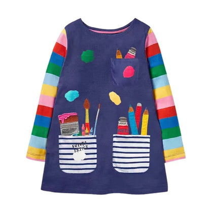 Jumping Meters Paint Brush Children's School Dresses With Pockets Pen Embroidery Long Sleeve Autumn Kids Preppy Style Dress
