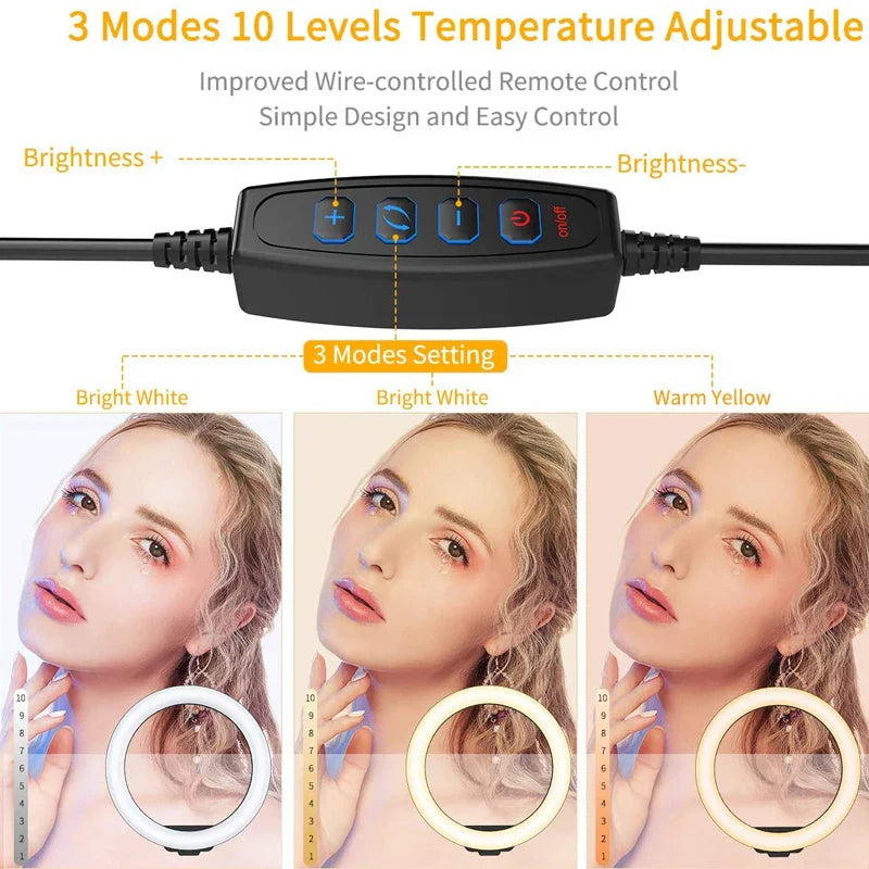 Anneau lumineux LED pour Selfie, intensité variable, éclairage de remplissage pour photographie, avec trépied, télécommande Bluetooth, pour téléphone, enregistrement vidéo en direct