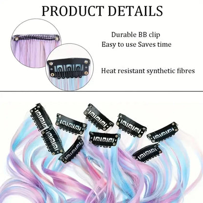 Extensions de cheveux Licorne 6 pièces de 55 cm, cheveux bouclés synthétiques à clipser pour femmes, idéales pour les déguisements d'Halloween et de Noël
