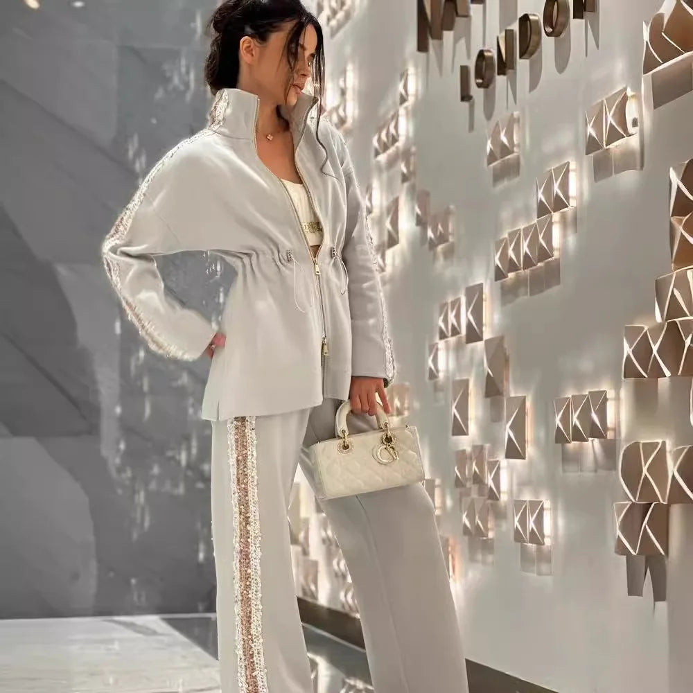 Two Piece Set Women Autumn Winter Fashion Patchwork Sequins Contrasting Long Sleeves Zipper Coat Casual Wide Leg Pants Outfi