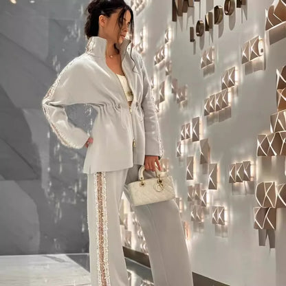 Two Piece Set Women Autumn Winter Fashion Patchwork Sequins Contrasting Long Sleeves Zipper Coat Casual Wide Leg Pants Outfi
