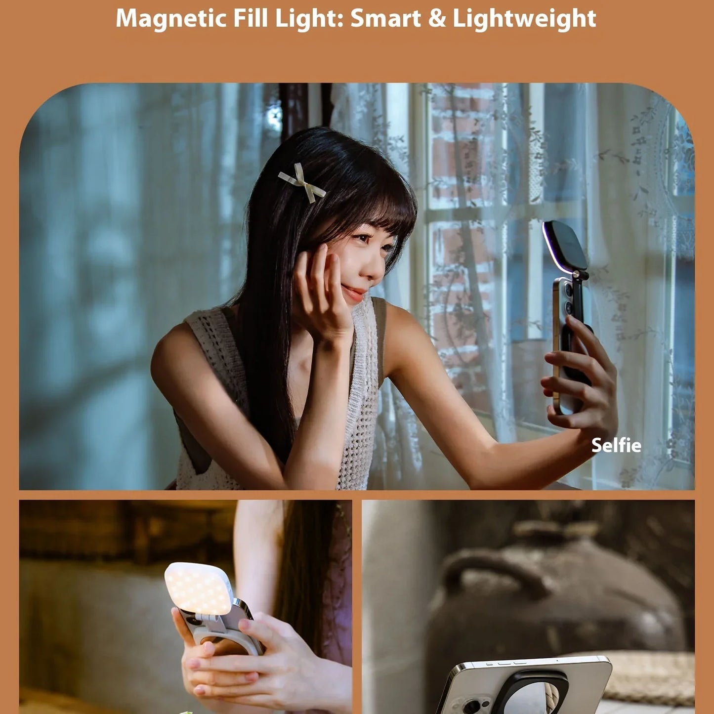 SmallRig Magnetic Phone Light,P48 Bi-Color Dimmable LED Fill-Light Foldable MagSafe Beauty Lamp Soft Panel,for IPhone16/Android