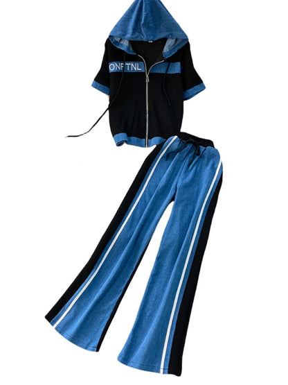 Cowboy patchwork hooded jacket fashionable sports suit women's summer 2025 new two-piece set popular age reducing pants