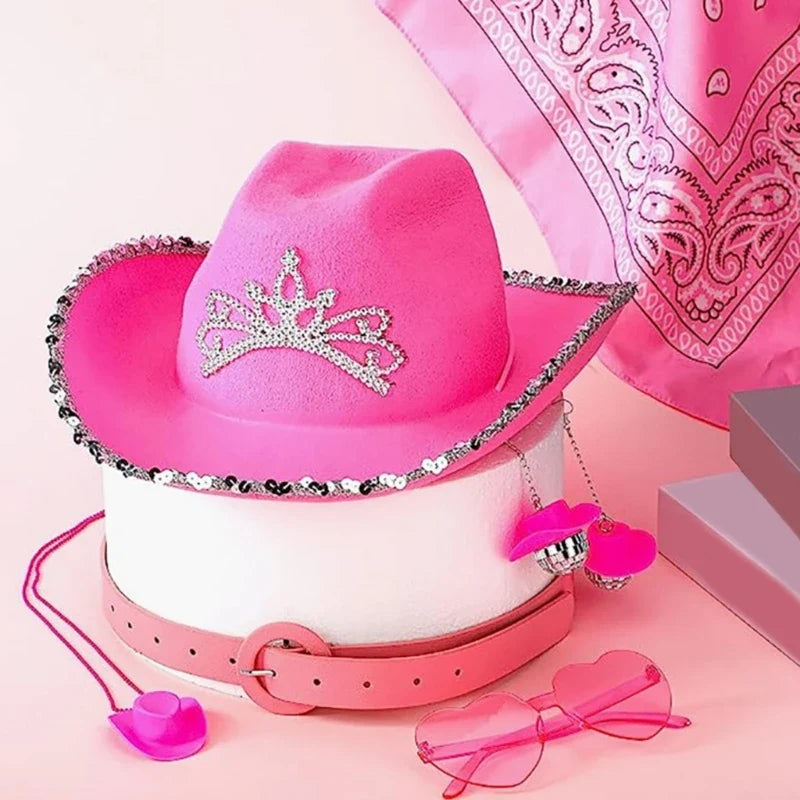 Chapeau cow-girl rose avec bandana lunettes soleil, accessoires WesternCostume pour femmes filles, fournitures