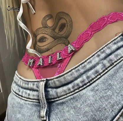 Tongs personnalisées avec nom pour petit ami, lettre en cristal, bijoux de corps pour femmes, Bikini Sexy en dentelle, culotte string, cadeau de saint valentin