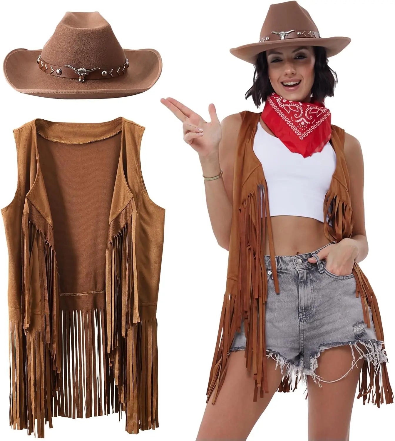 Women's Cowgirl Costume 3 Pcs Faux Suede Fringe Vest with Rivets Cowboy Hat Carnival Party Outfit Clubwear