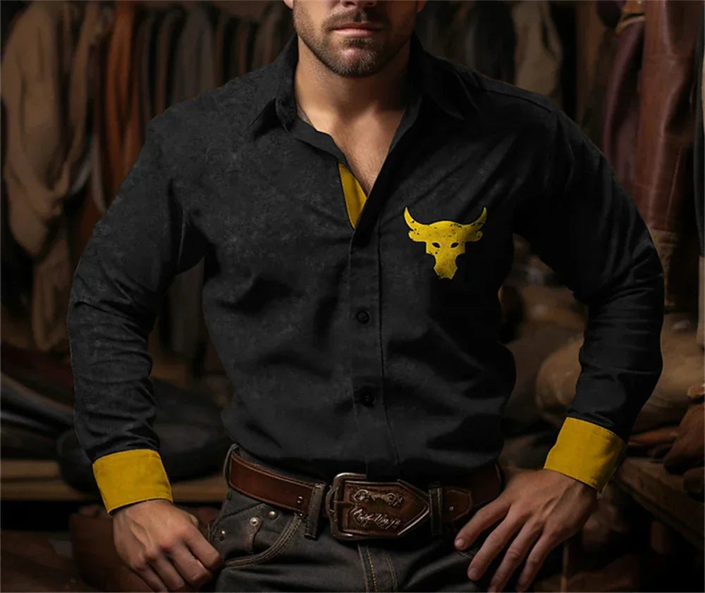 Western Cowboy Flower Printed Long Sleeve Shirt for Spring and Summer Comfortable Soft Fabric Party Men's Collar Shirt