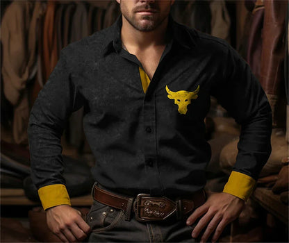 Western Cowboy Flower Printed Long Sleeve Shirt for Spring and Summer Comfortable Soft Fabric Party Men's Collar Shirt