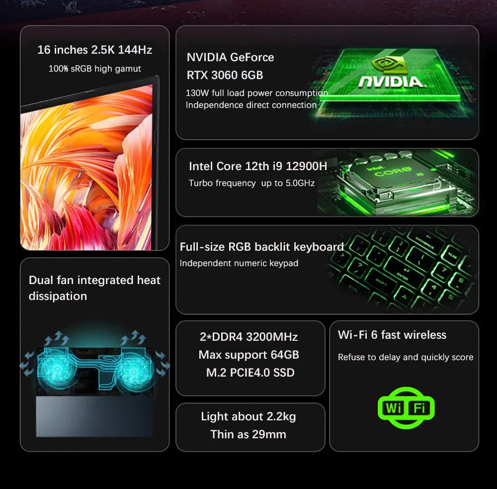 New 12th Gaming Laptop 16.1 Inch Intel i9-12900H NVIDIA RTX 3060 6G Windows11 2.5K IPS Screen 144Hz RGB Keyboard WIFI 6 BT5.2