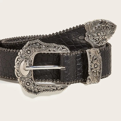 Western PU Leather Belt Western Cowboy Women Cowgirl Unisex Waist Belt with Metal Engraved Buckle
