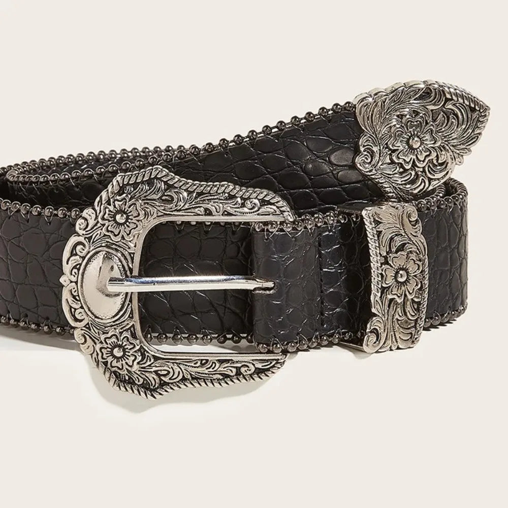 Ceinture Western en Cuir PU Femme Homme Cowboys Unisexe avec Boucle Métallique Gravée