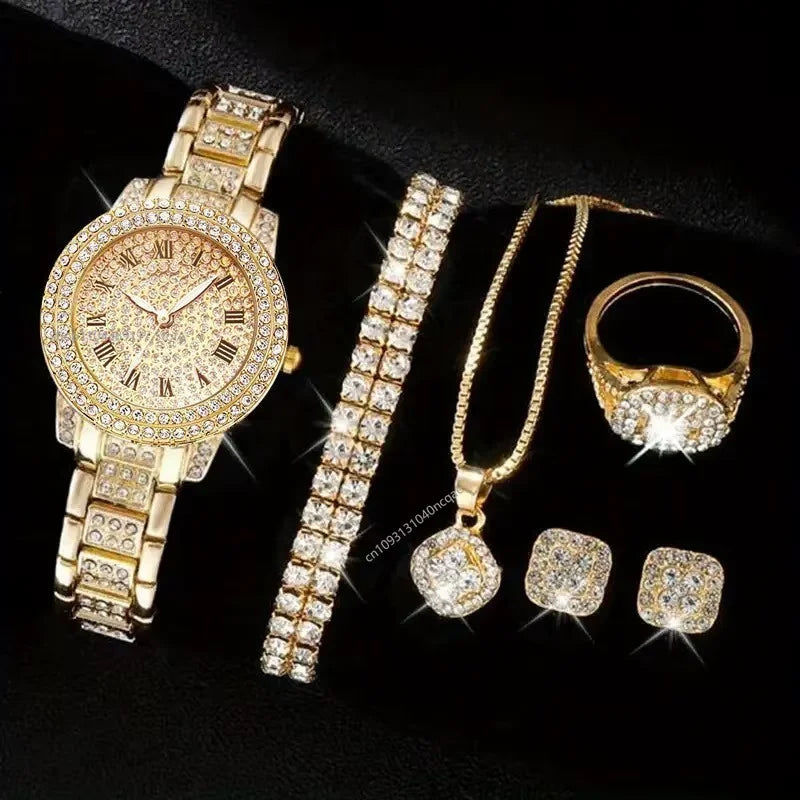 Montre-bracelet à quartz décontractée pour femmes, ensemble de 6 pièces, cadran romain, design de marque de luxe, montre pour femmes