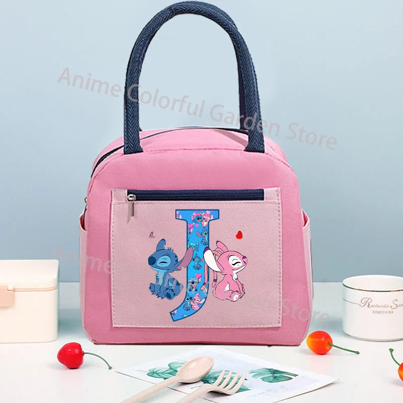 Anime Stitch High-capacity Lunch Bag Cartoon Letter A-Z Printed Insulated Box Picnic Portable Food Keep Fresh Handbag Bento Bags
