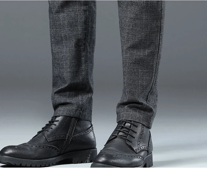 Autumn Winter New Fleece Thickened Casual Pants Men Business Straight Slim Plaid Pants Black Gray Men's Warm Trousers