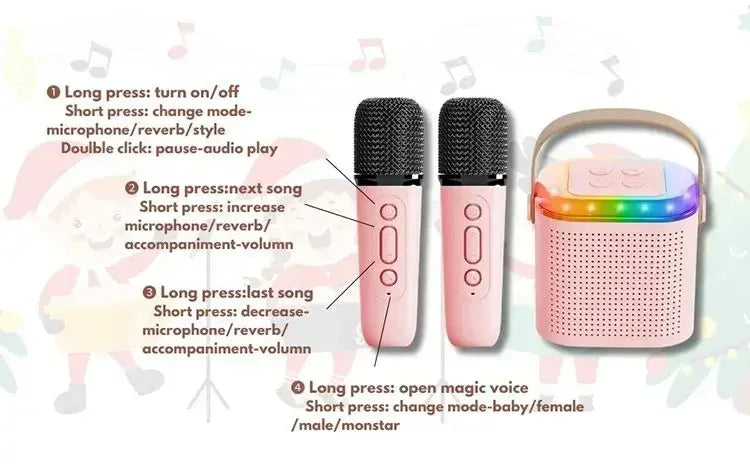 Mini karaoke machine, LED speaker with Bluetooth, suitable for family birthday party, microphone for girls and boys.