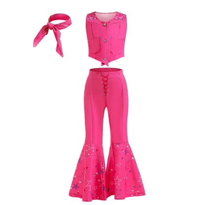 Costume de Cowgirl Robe de Fille Princesse Cosplay Costume Rose à Carreaux Tenue de Plage Anniversaire Halloween Fête Robe pour Enfants