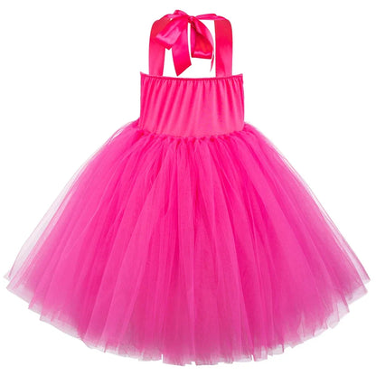 Movie Cowgirl Barbi Costume for Girls Princess Dress Hot Pink Plaid Margot Robbie Tutu Dress Kids Birthday Party Tulle Dresses