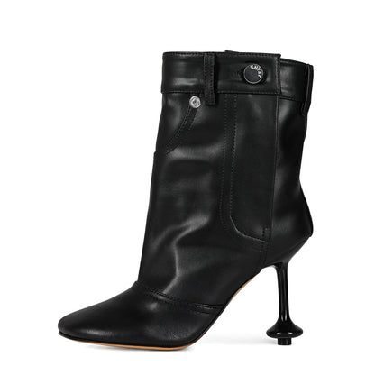 European and American Alien and Square Head Splicing Design Water Washed Cowboy Boots for Women's Trendy Side Zipper Short Boots
