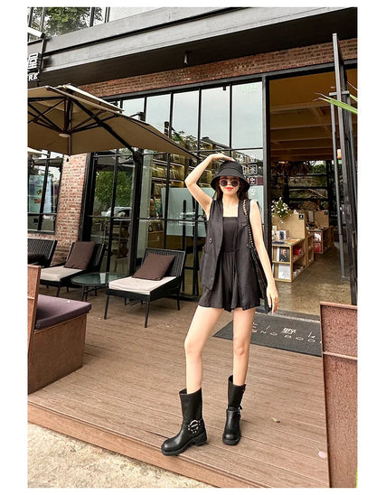 Designer Luxury Brand Retro Real Leather Brown Cropped Cowboy Boots Chunky Heel Sleeve Square Punk Style Botas Mujer Hot Selling