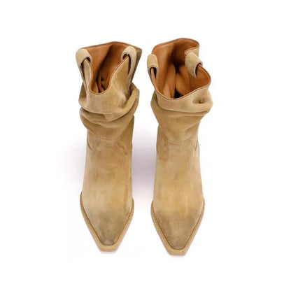 New Fashion Western Cowboy Boots Pointed Pleated V-mouth Thick Heel Medium Tube Short Boots