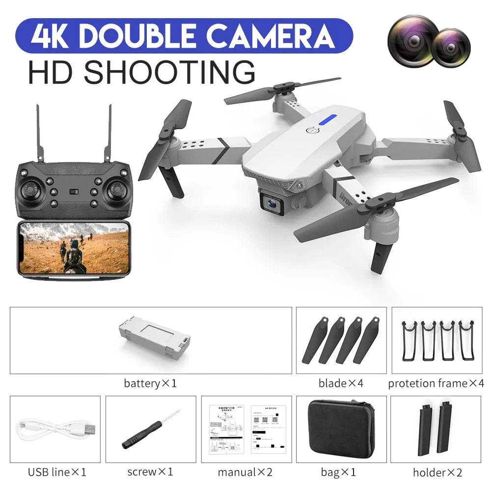 Drone FPV WiFi E88 Pro 2025 – Caméra simple/double 4K/1080P, HD grand angle, maintien d'altitude, jouet d'hélicoptère RC quadrirotor pliable