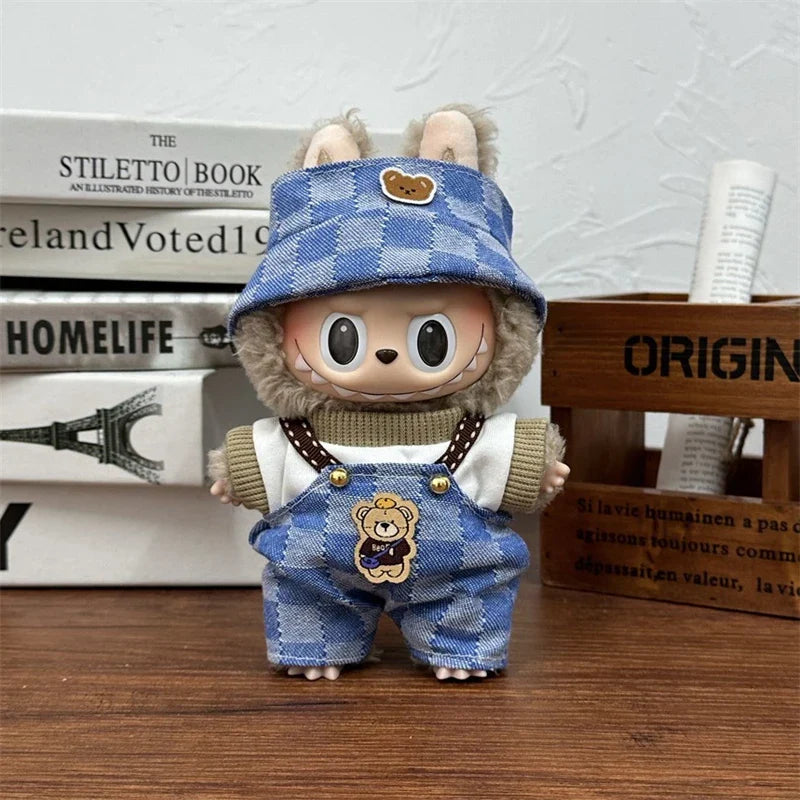 LABUBU 17cm Doll'S Clothes Outfit Accessories For Labubu V1 V2 Striped overalls hats glasses shoes Cool handsome Clothing Gift