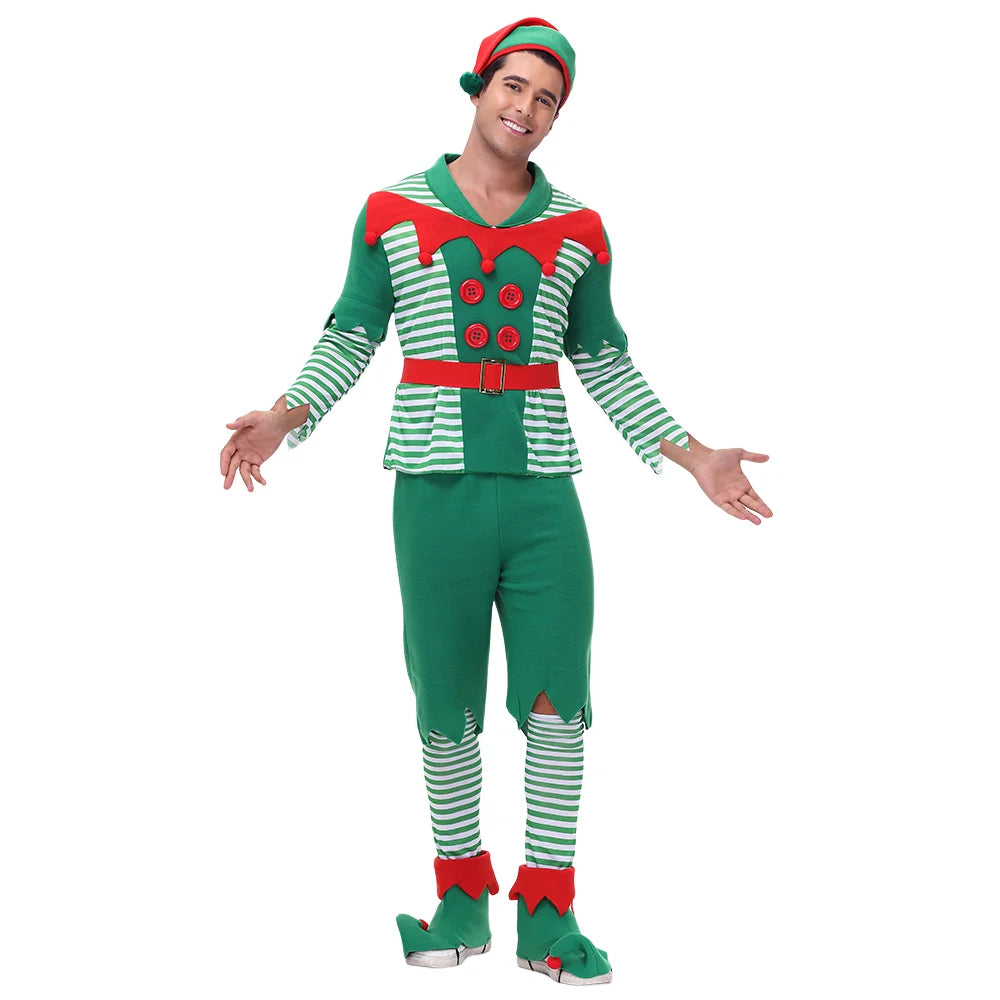 VIP FASHION Men Christmas Elf Costume with Hat Stockings Shoe Covers Belt Fancy Xmas Party Dress Up Outfit Male Festival Clothes
