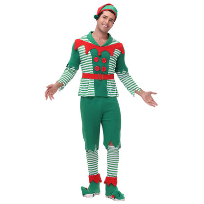 VIP FASHION Men Christmas Elf Costume with Hat Stockings Shoe Covers Belt Fancy Xmas Party Dress Up Outfit Male Festival Clothes