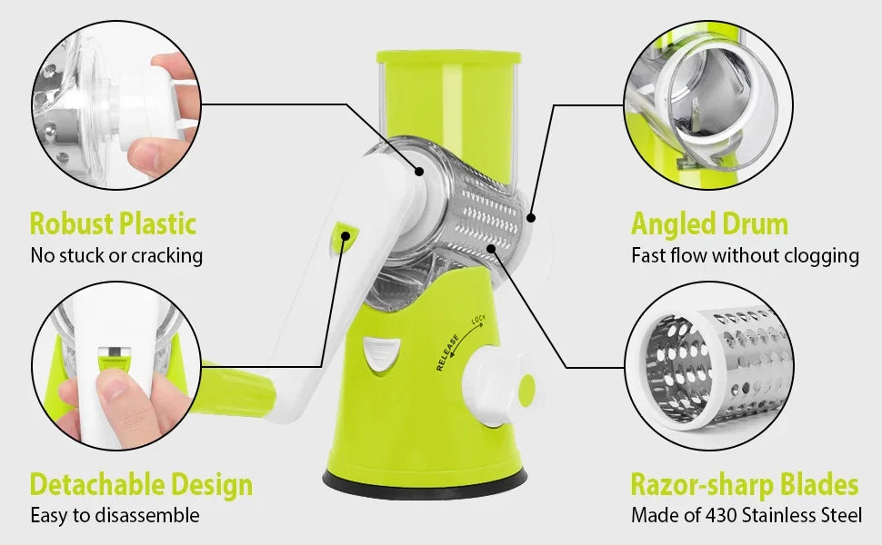 3in1 Vegetable Slicer Multifunctional Rotary Handheld Grater with 3 Sharp Rollers Vegetable Slicer Cheese Shredder Kitchen Tools