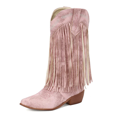 Bottes de cowboy pour femmes, brodées, à glands, talons épais, bout pointu, roses, de style western, bottes compensées sans lacets pour femme