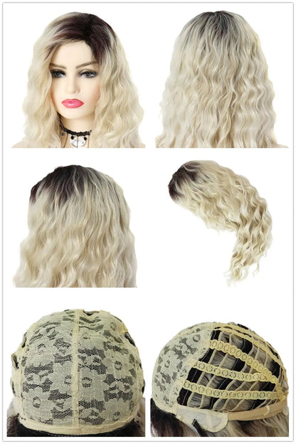 Perruque blonde bouclée cheveux synthétiques longs naturels perruques ondulées pour femmes blanches, raie libre, racines foncées, perruques ombrées, perruque ondulée tendance + autocollants
