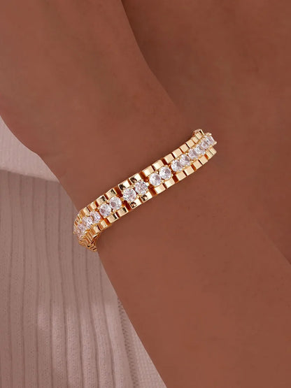 Paperclip Chain Bracelet 14K Gold Plated Cubic Zirconia Watch Strap Chunky Link Adjustable Stackable Jewelry For Women Girl Gift