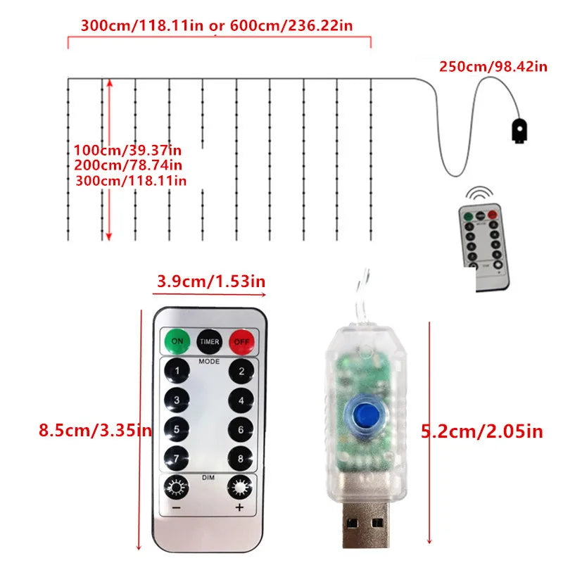 Guirxiété de rideau sur la fenêtre avec télécommande, lumières LED, alimentation USB, feston nickel é, décoration de Noël, nouvel an, 6x3m, 3x3m