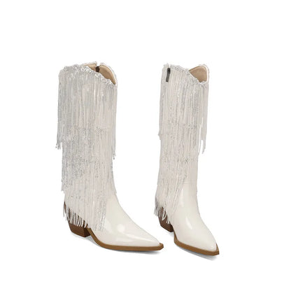 Bottes western à sequins et pompons, noires et argentées, courtes, en peluche, automne/hiver, talon de 6,5 cm, style bohème, hauteur genou, pointures 36 a 46.