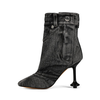 European and American Alien and Square Head Splicing Design Water Washed Cowboy Boots for Women's Trendy Side Zipper Short Boots