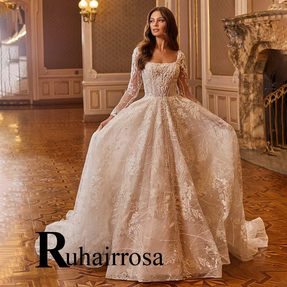 Ruhair Exquisite Ball Gown Wedding Dresses Appliques Lace Square Collar Full Sleeves Draped Robe De Mariée Engagement Plus