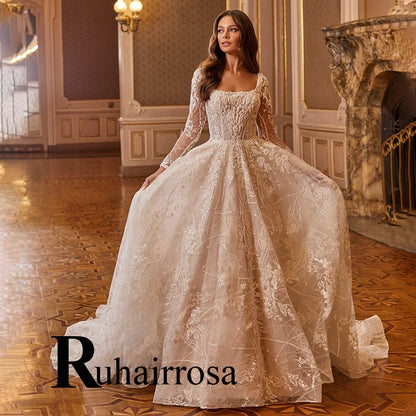 Ruhair Exquisite Ball Gown Wedding Dresses Appliques Lace Square Collar Full Sleeves Draped Robe De Mariée Engagement Plus