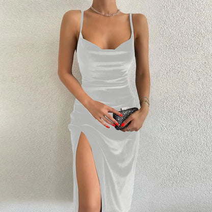 Faionable Sexy Summer Silk Chiffon One-oulder Split Dr Ele Midi Silhouette Svel Midi Dr for Women
