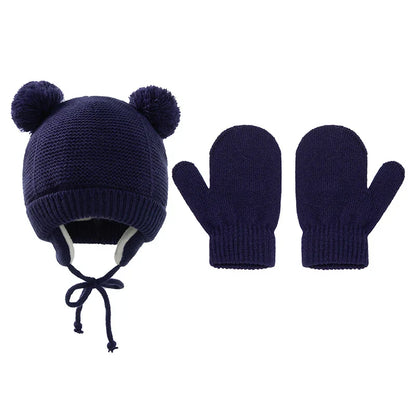 Ensemble de gants et bonnets en tricot pour bébé, protection des oreilles pour bébé, bonnet pour tout-petit, document solide, mignon, guerre en plein air, filles et garçons, automne et hiver, 2 pièces